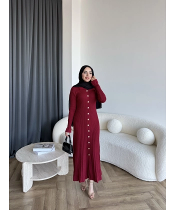 Gold Düğmeli Triko Elbise - Bordo