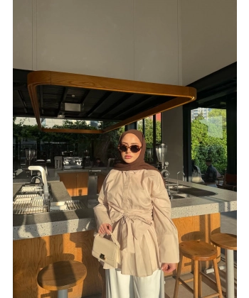 Helino Kuşaklı Gömlek - Bej