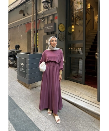 İmren Beli Lastikli Oysh Elbise - Bordo