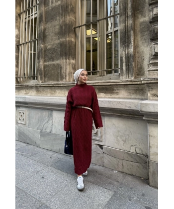 Işıl Örgü Triko Elbise - Bordo