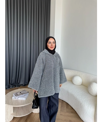 Kapşonlu Simli Hırka - Gri