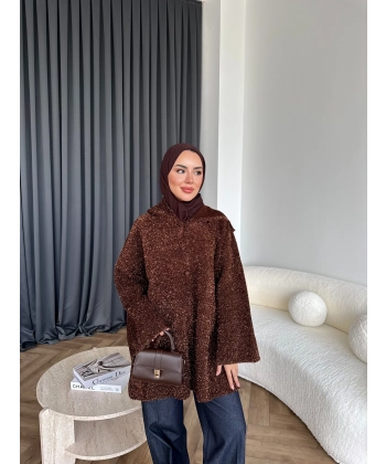 Kapşonlu Simli Hırka - Kahve