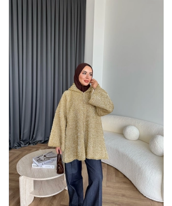 Kapşonlu Simli Hırka - Sarı