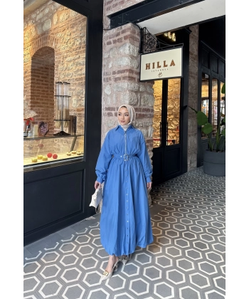 Kemerli Balon Kol Elbise - Mavi