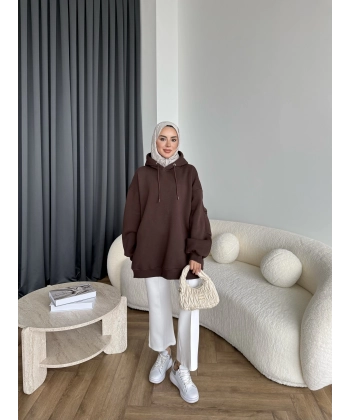 Kolu Piliseli 3 İplik Sweat - Acı Kahve