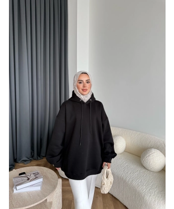 Kolu Piliseli 3 İplik Sweat - Siyah