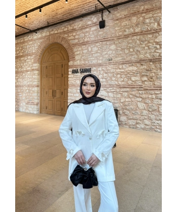 Kurdele Detaylı Kot Ceket - Beyaz