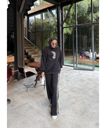 Leopar Detaylı 3 iplik Takım Siyah