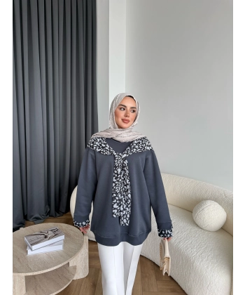 Leopar Fularlı Sweat - Antrasit