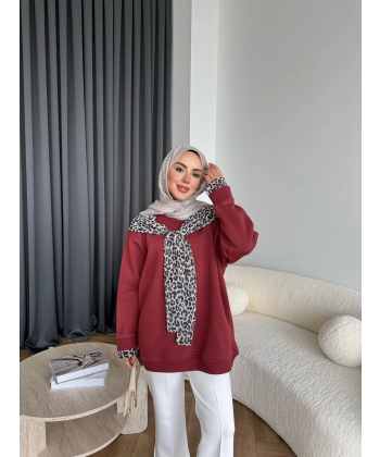Leopar Fularlı Sweat - Bordo