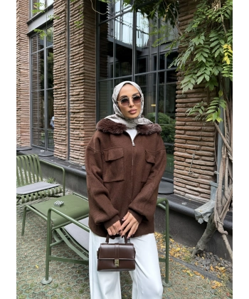 Loris Kürk Detaylı Triko Kap - Acı Kahve