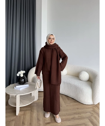 Mb - Atkı Örgü Etekli Takım - Acı Kahve