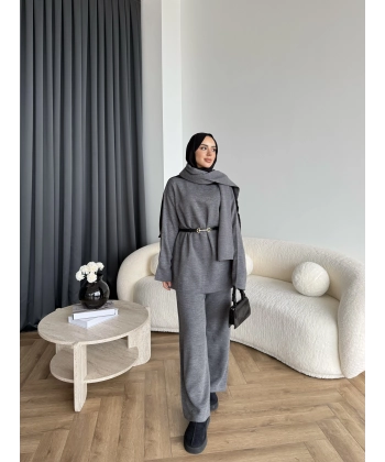 Mb- Berly Atkı Detay Triko Takım - Gri