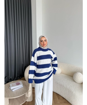 Mb-Eso Çizgili Triko Kazak - Mavi