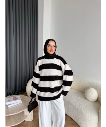Mb-Eso Çizgili Triko Kazak - Siyah