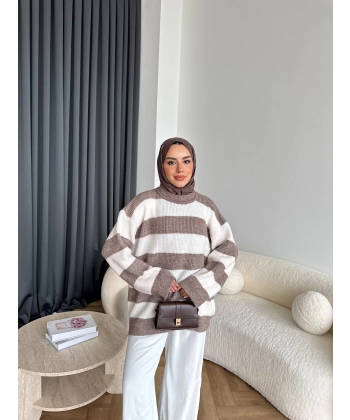 Mb-Eso Çizgili Triko Kazak - Vizon