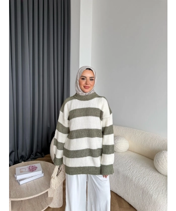 Mb-Eso Çizgili Triko Kazak - Yeşil