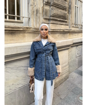 Melen Peluş Detaylı Kot Ceket