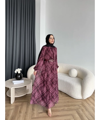 Moi - Çizgili Şifon Elbise - Bordo