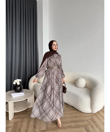 Moi - Çizgili Şifon Elbise - Kahverengi