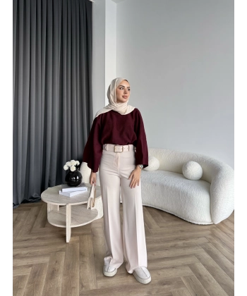 Mrs - Kemerli Bol Paça Pantolon - Bej