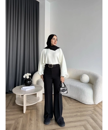 Mrs - Kemerli Bol Paça Pantolon - Siyah