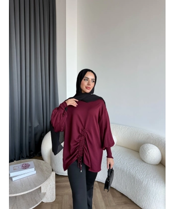 Mury Büzgü Detaylı Triko Kazak - Bordo