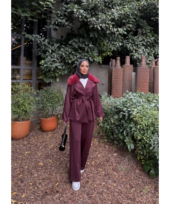 Natan Kürk Detaylı Scuba Takım - Bordo