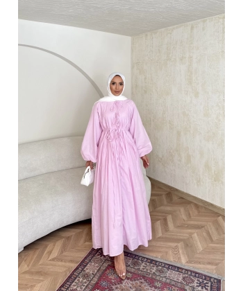 Nervür Bağlamalı Vual Elbise - Pembe