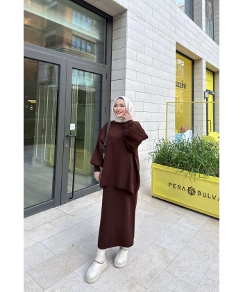 Nes Balon Kol Etekli Triko Takım - Acı Kahve