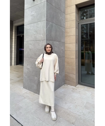 Nes Balon Kol Etekli Triko Takım - Bej