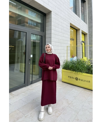 Nes Balon Kol Etekli Triko Takım - Bordo