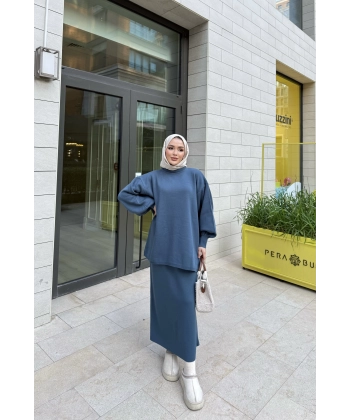 Nes Balon Kol Etekli Triko Takım - Indıgo