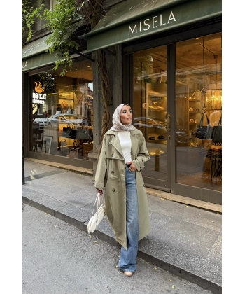 Nesren Arka Kısmı Düğmeli Trenç - Yeşil