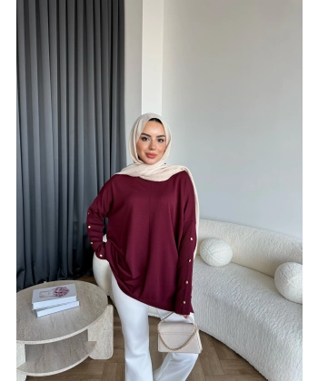 Nesy Kol Gold Düğmeli Triko Kazak - Bordo