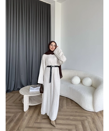 Nurs Örgü Detaylı Elbise - Bej