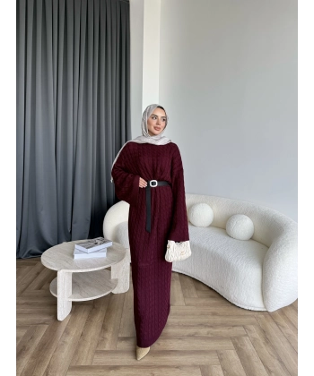 Nurs Örgü Detaylı Elbise - Bordo