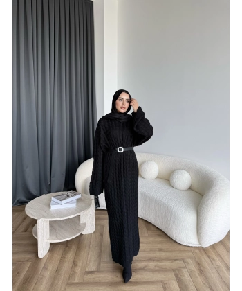 Nurs Örgü Detaylı Elbise - Siyah