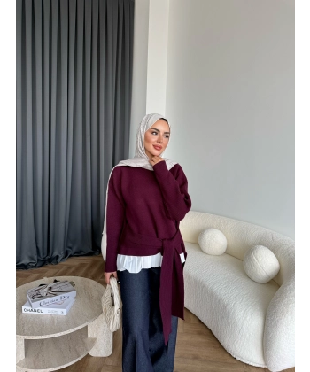 Ön Bağlamalı Triko Kazak - Bordo