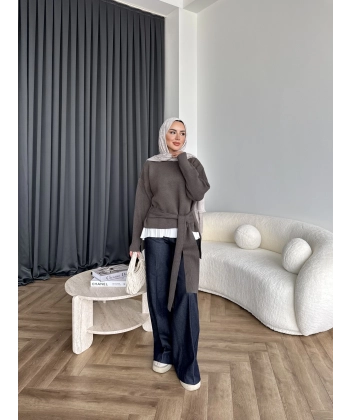 Ön Bağlamalı Triko Kazak - Haki