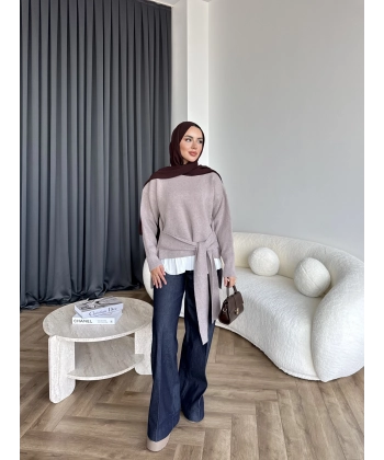 Ön Bağlamalı Triko Kazak - Vizon