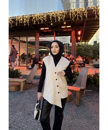 Önü Çapraz Düğmeli Yelek - Bej