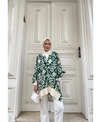 Önü Düğmeli Tunik - Yeşil - Krem