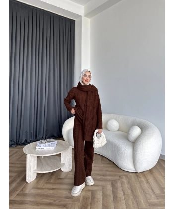 Örgü Atkı Detaylı Triko Takım - Acı Kahve
