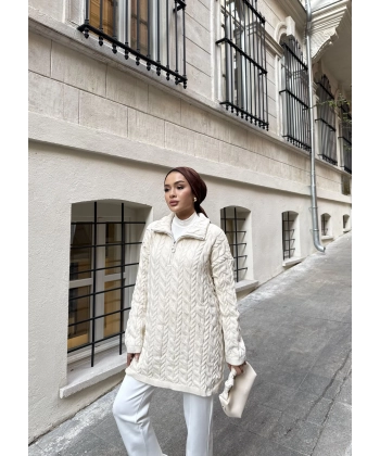 Örme Desen Triko Kazak - Bej