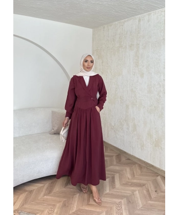 Pera Detaylı Elbise - Bordo