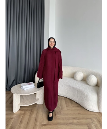 Pln-Atkı Örgü Triko Elbise - Bordo