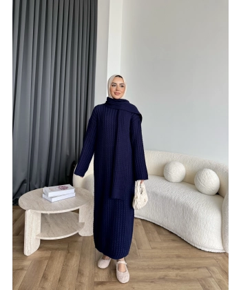 Pln-Atkı Örgü Triko Elbise - Lacivert