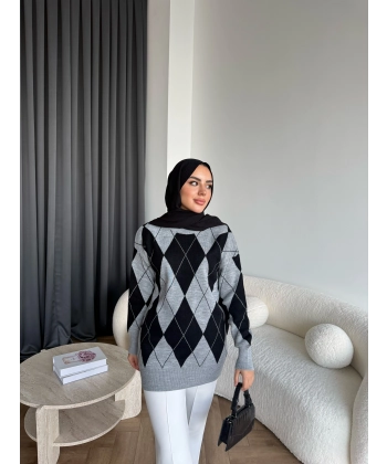 Pls-Baklava Desen Triko Kazak - Gri