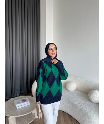 Pls-Baklava Desen Triko Kazak - Yeşil